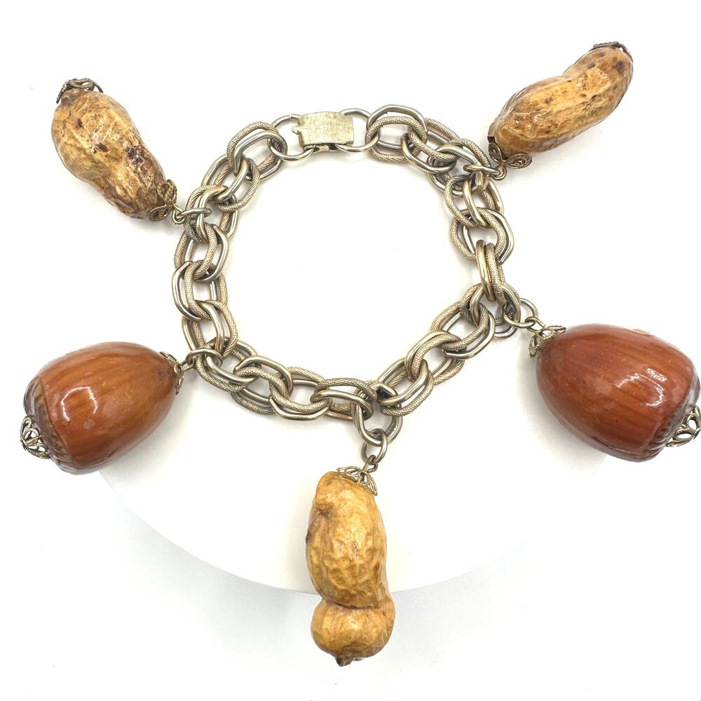 Vintage gold tone real peanuts chestnuts chunky statement chain charms bracelet